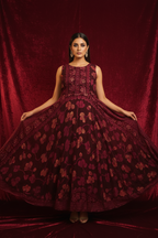 Model in Wine Burgundy Chikankari Anarkali with Leaf Print