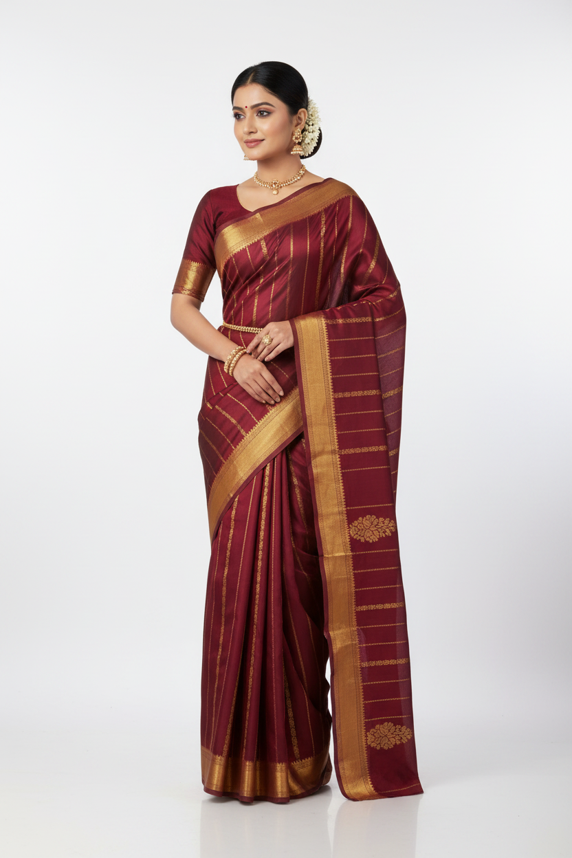 Model in Wine Burgundy Mysore Silk Saree