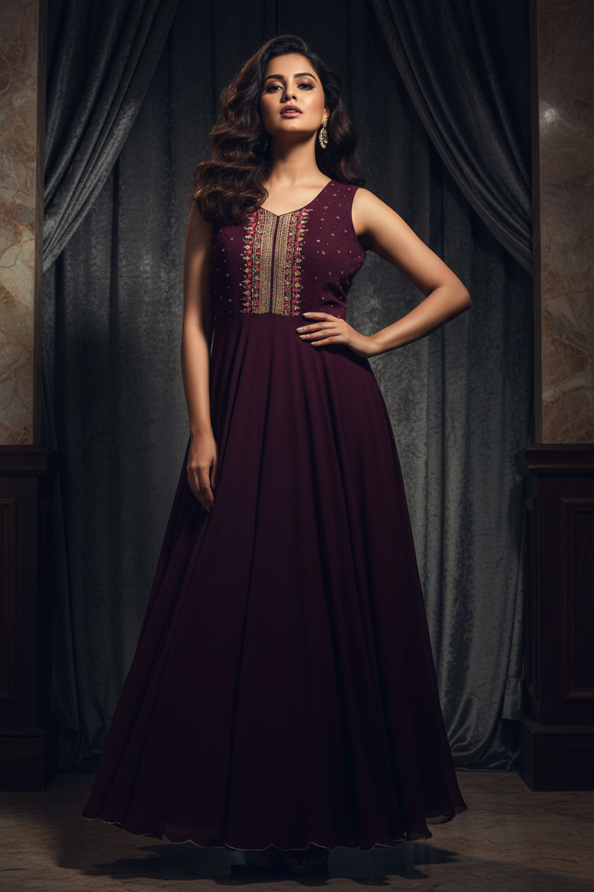 Model in Wine Burgundy Sequin Anarkali