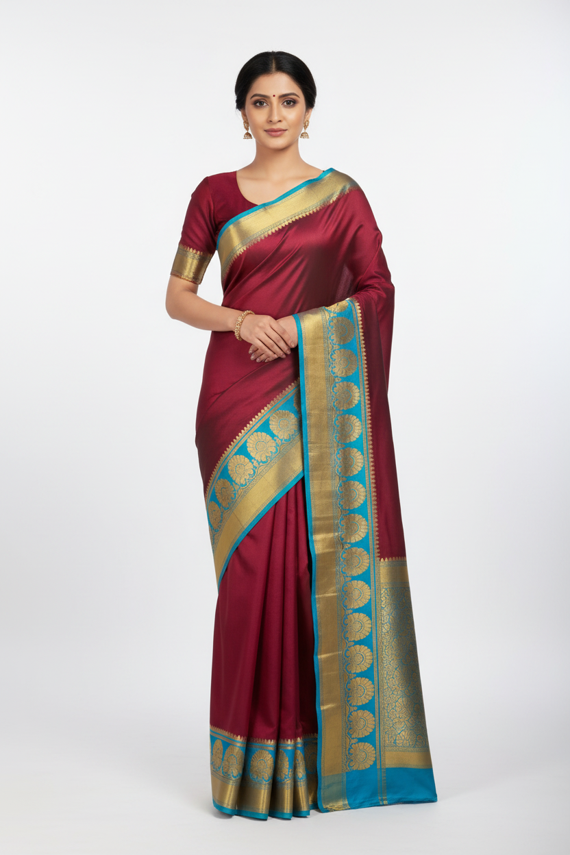 Model in Wine Magenta Mysore Silk Saree with Turquoise Lotus Border and Matching Blouse