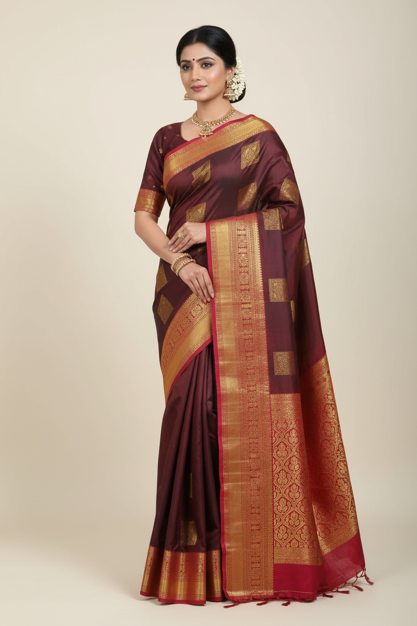 Model in Wine Purple Kanjivaram Saree with Red Border