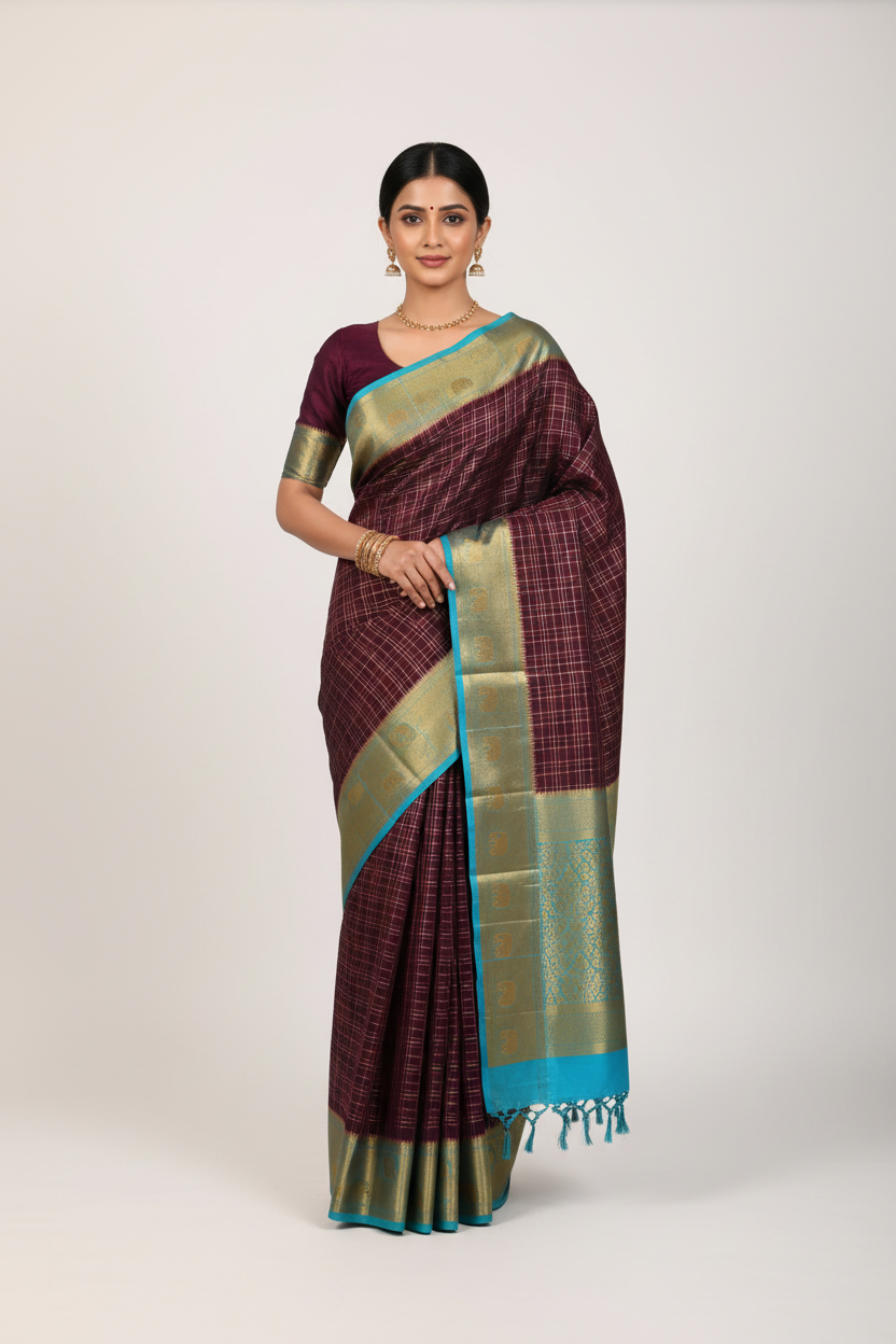 Model in Wine Purple Mysore Silk Saree with Turquoise Elephant Border