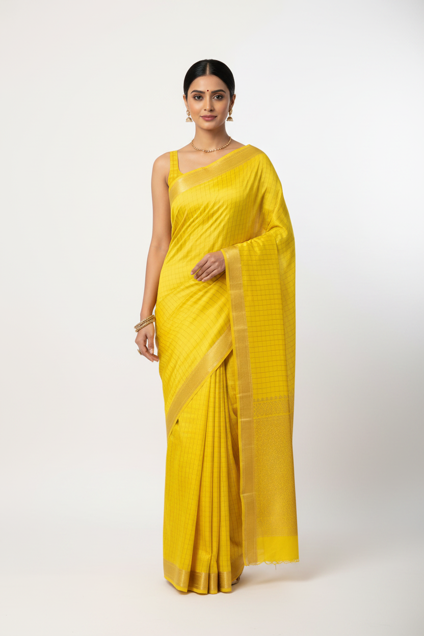Model in Yellow Silk Saree
