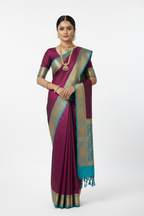 Model Standing Straight in Wine Purple Mysore Silk Saree