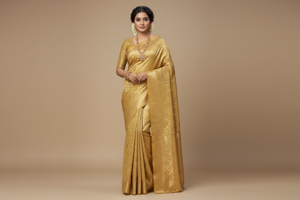Model wearing Antique Gold Tissue Silk Saree