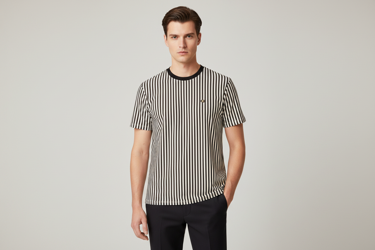 Model wearing black and cream striped t-shirt