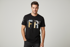 Model wearing black FR graphic t-shirt