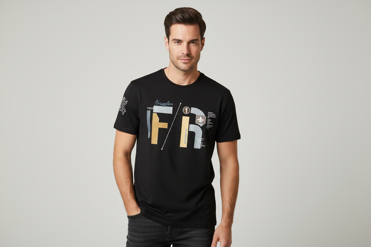 Model wearing black FR graphic t-shirt