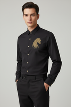 Model wearing black horse shirt