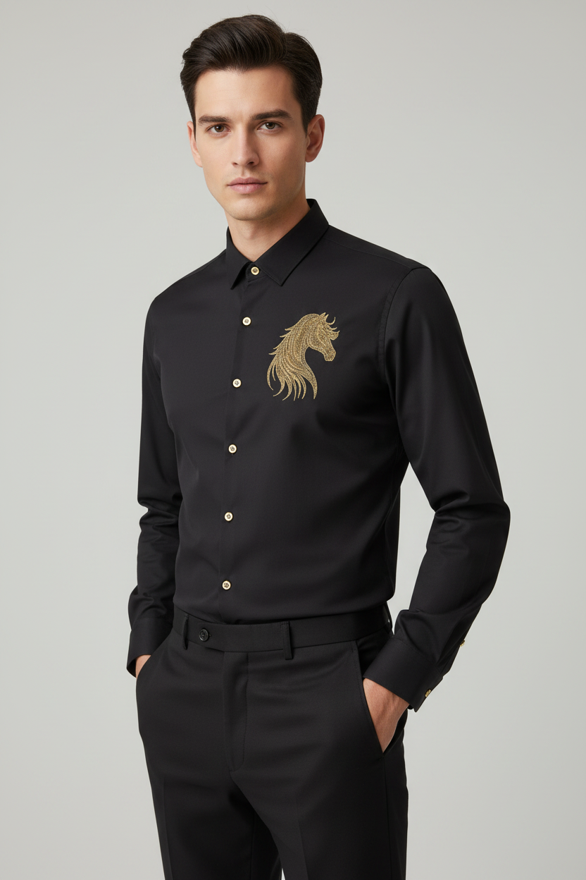 Model wearing black horse shirt