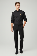 Model wearing black monogram shirt