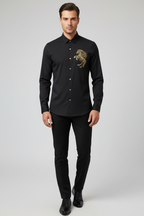 Model wearing black rearing horse shirt