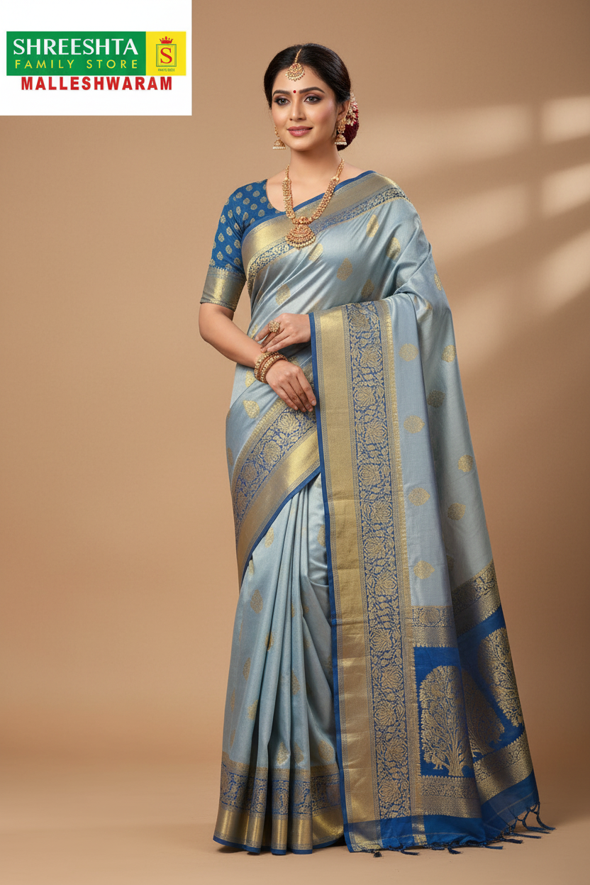 Model wearing Blue Banarasi Saree