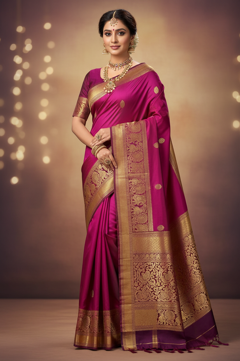 Model wearing bright magenta Kanchipuram silk saree with dark maroon gold zari border