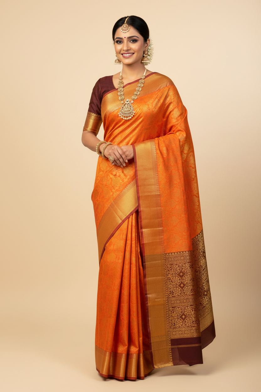 Model wearing Bright Orange Kanjivaram Saree