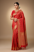 Model wearing Bright Red Banarasi Saree