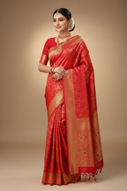 Model wearing Bright Red Banarasi Saree