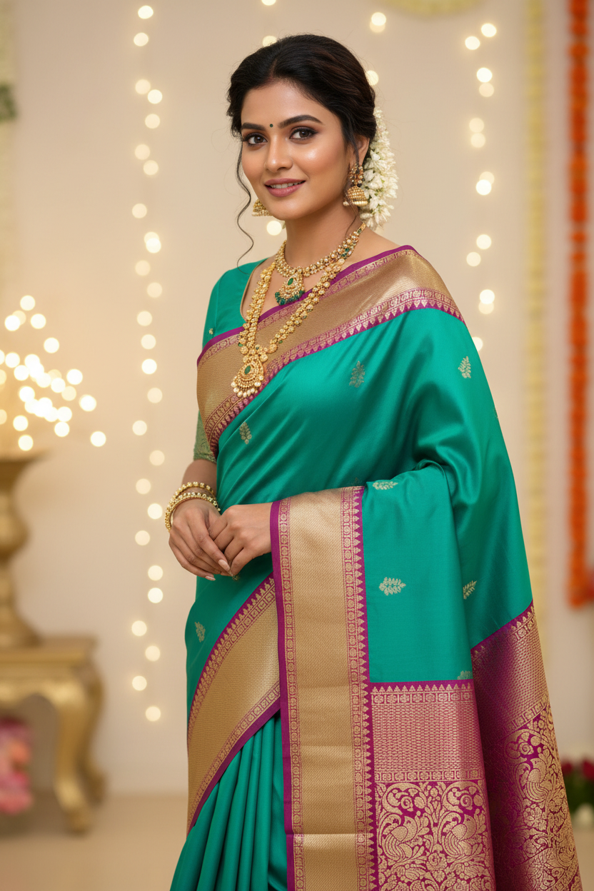 Model wearing bright teal Kanchipuram silk saree with deep magenta gold zari border