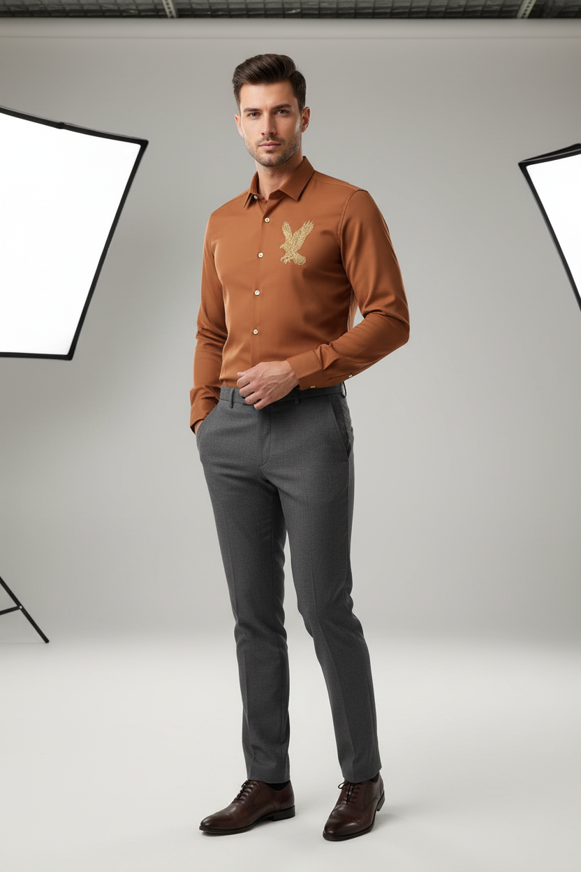 Model wearing brown eagle shirt