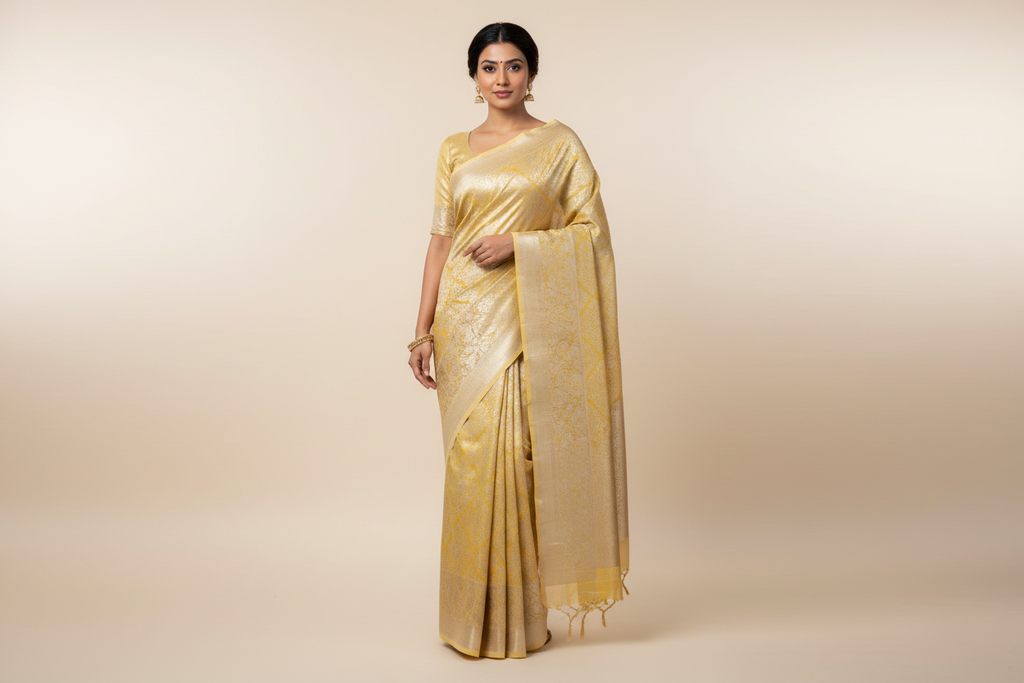 Model wearing Butter Yellow Tissue Silk Saree