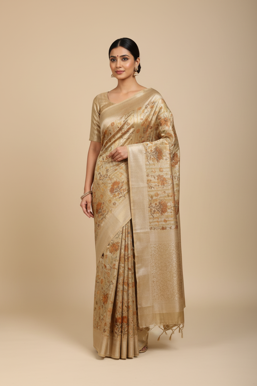 Model wearing champagne gold Banarasi tissue saree