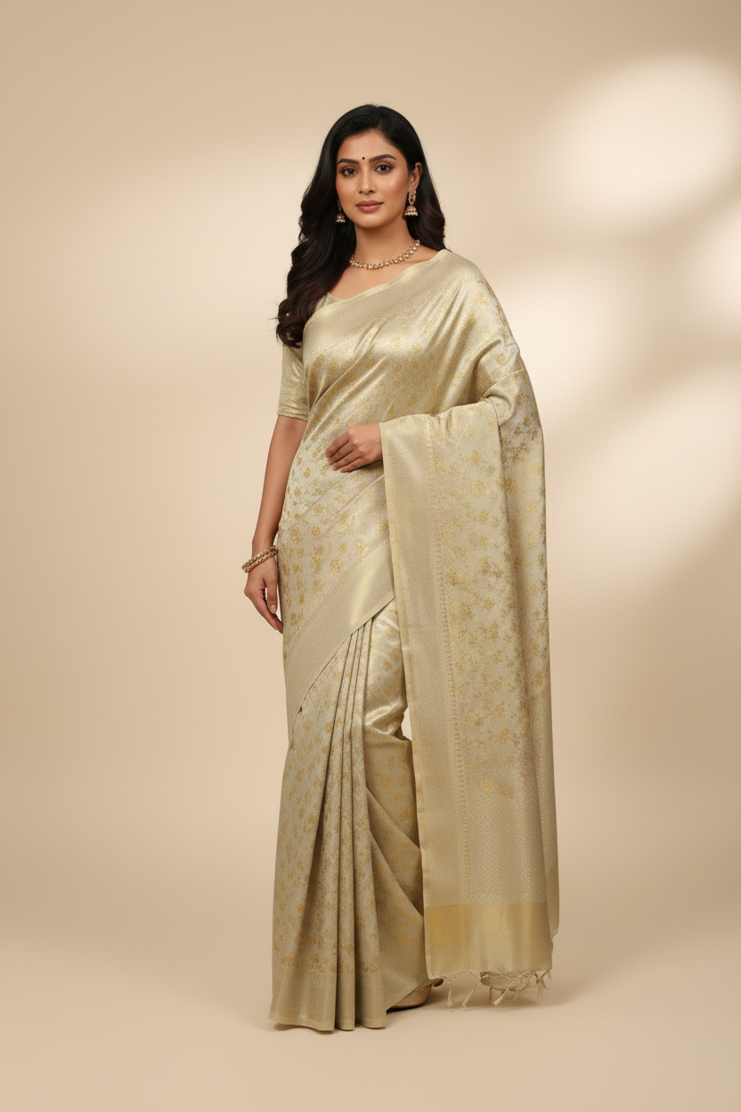 Model wearing champagne ivory gold self-brocade tissue saree