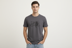 Model wearing charcoal grey graphic t-shirt