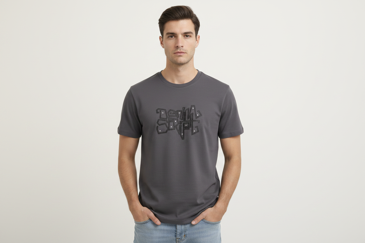 Model wearing charcoal grey graphic t-shirt