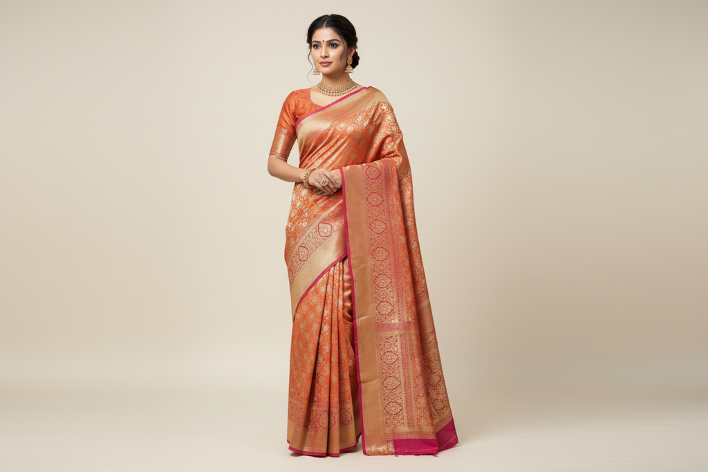 Model wearing Coral Gold Tissue Silk Saree