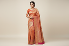 Model wearing Coral Gold Tissue Silk Saree