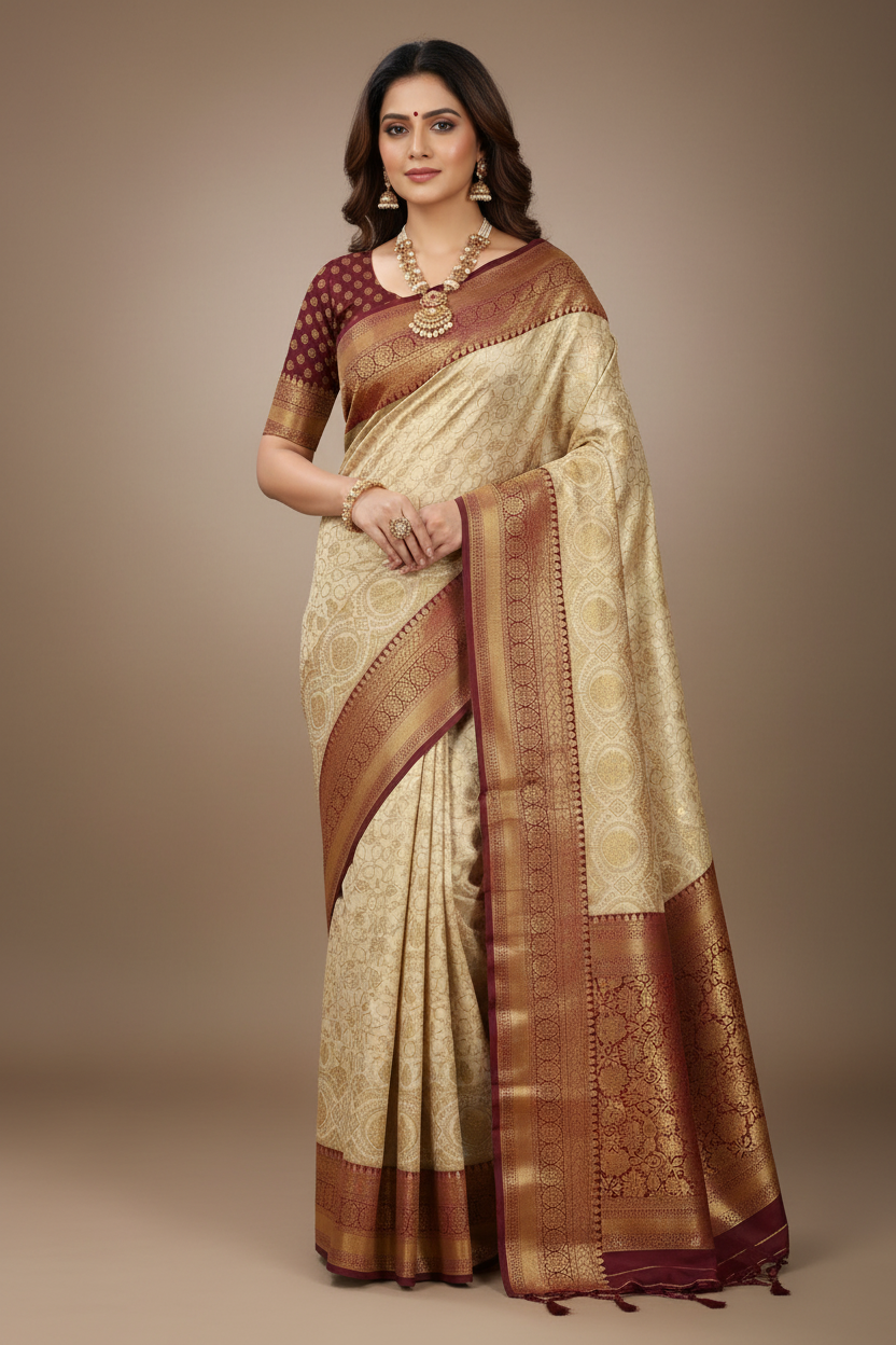 Model wearing Cream Banarasi Saree with Maroon Border