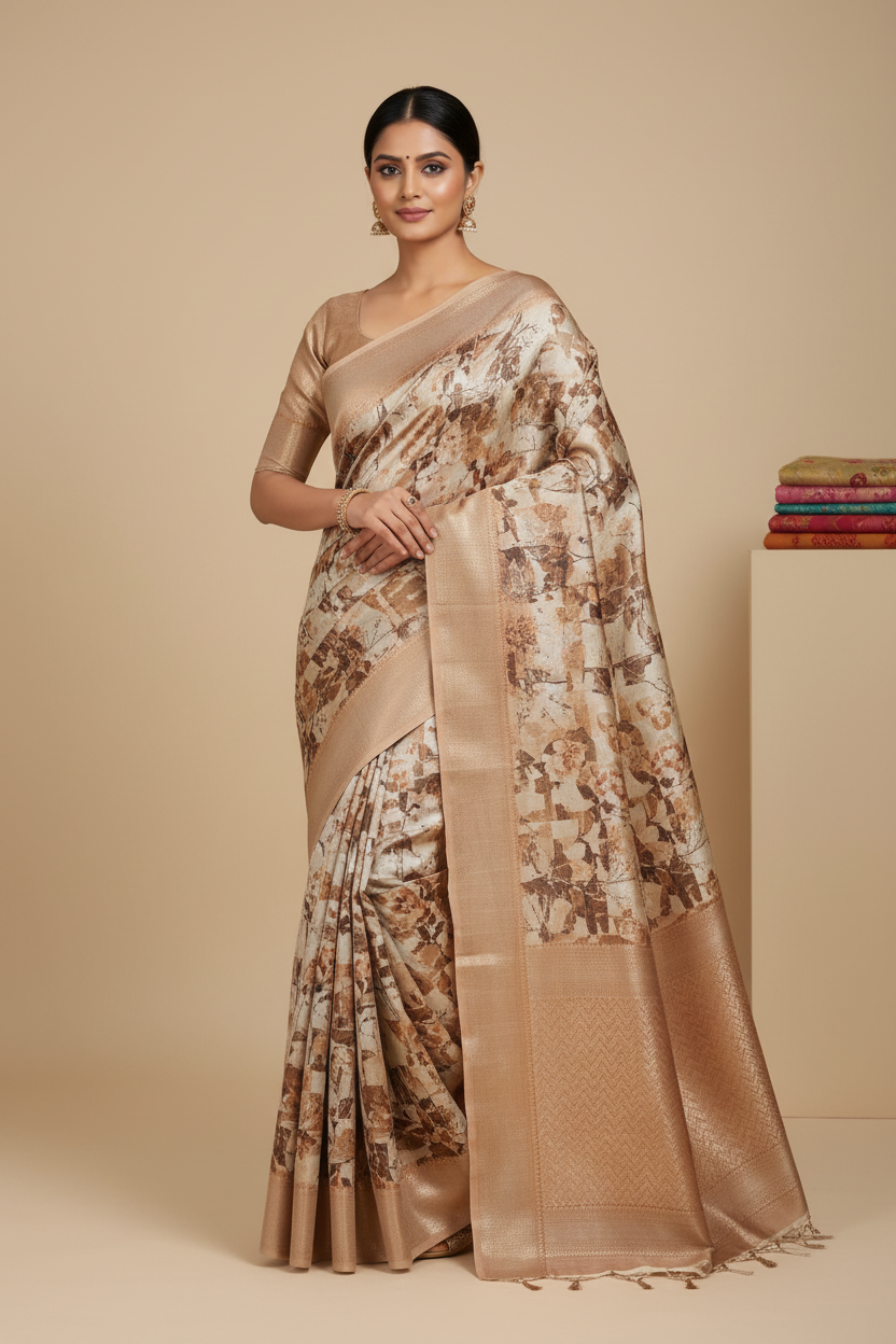 Model wearing cream brown abstract print tissue saree