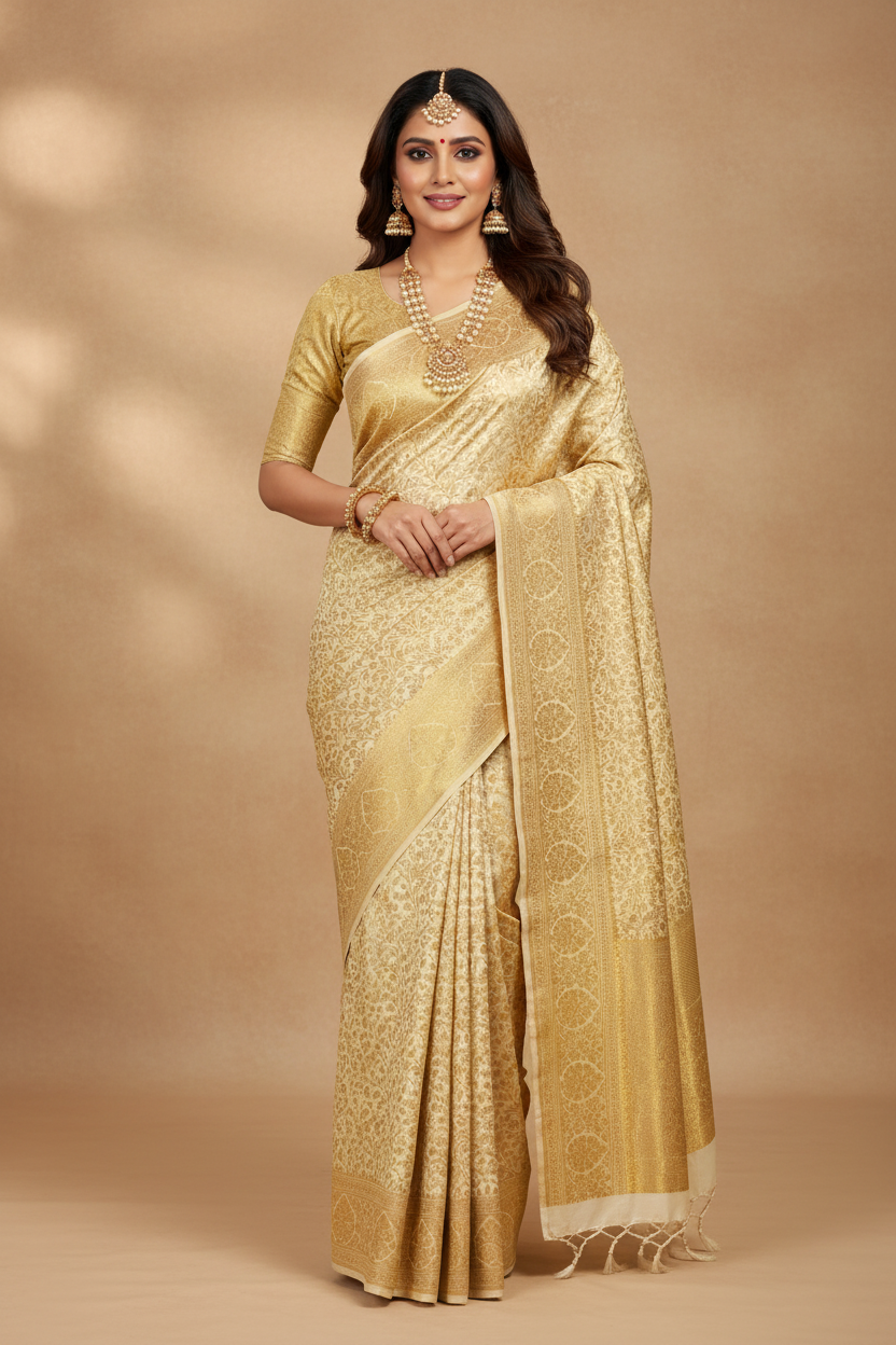 Model wearing Cream Ivory Banarasi Gold Zari Saree