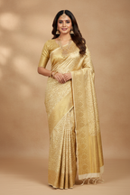 Model wearing Cream Ivory Banarasi Gold Zari Saree
