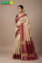 Model wearing Cream & Wine Georgette Saree