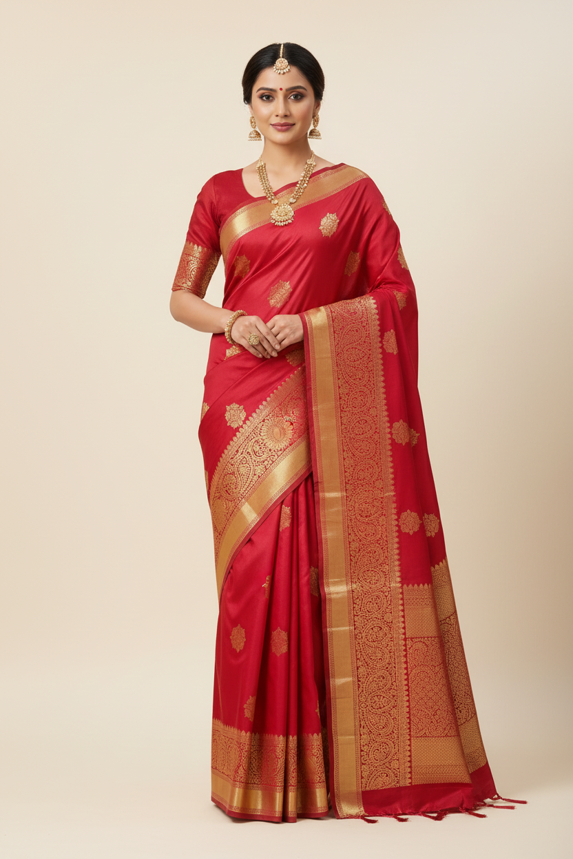 Model wearing crimson red Banarasi saree with gold border