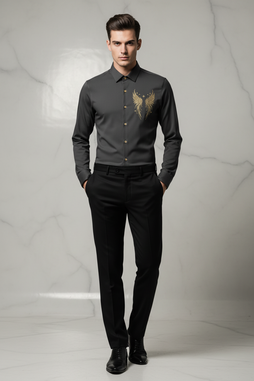 Model wearing dark charcoal angel wings shirt