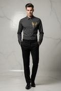 Model wearing dark charcoal angel wings shirt