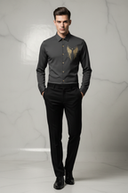 Model wearing dark charcoal angel wings shirt