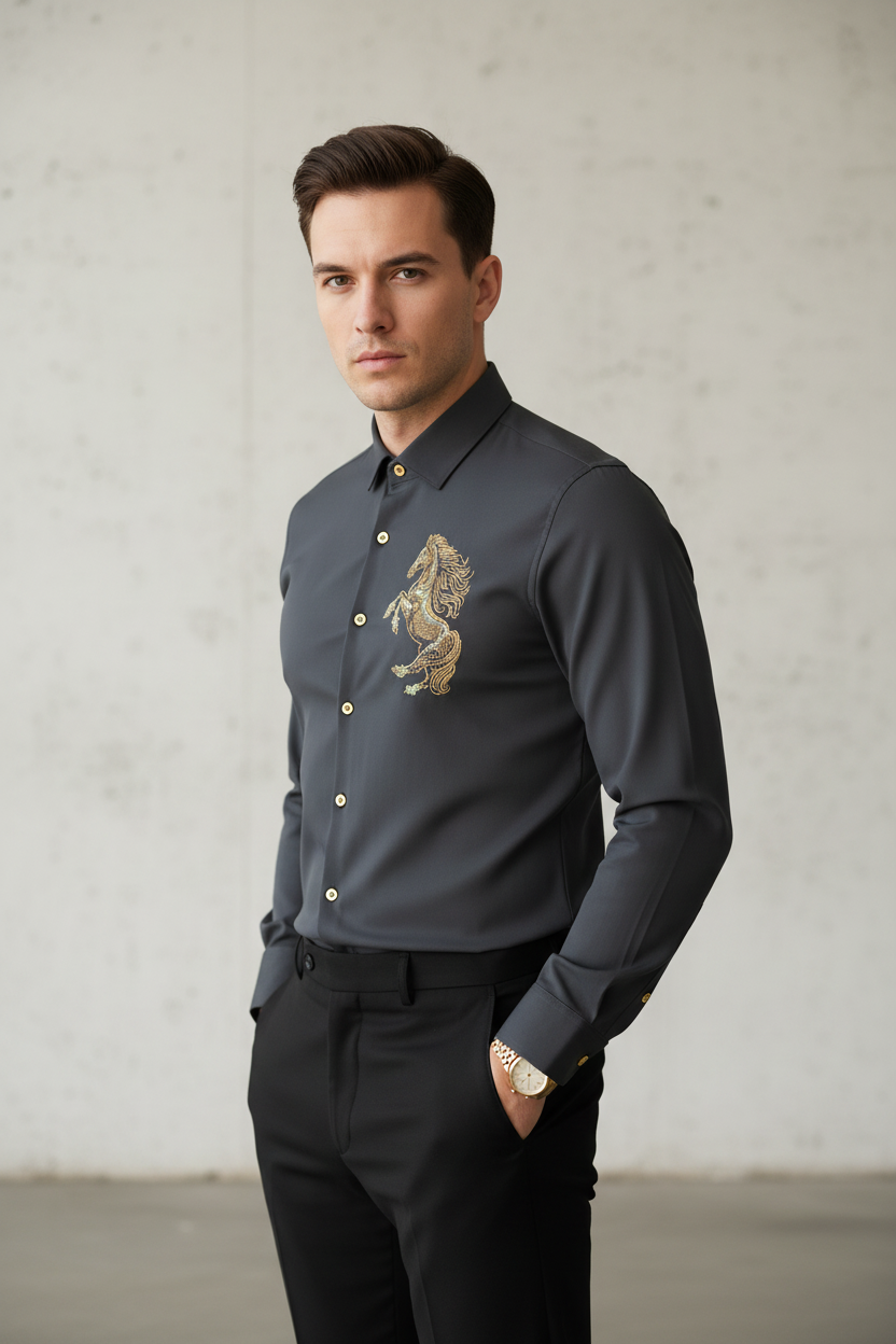Model wearing dark charcoal rearing horse shirt