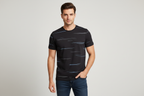 Model wearing dark charcoal wavy stripe t-shirt