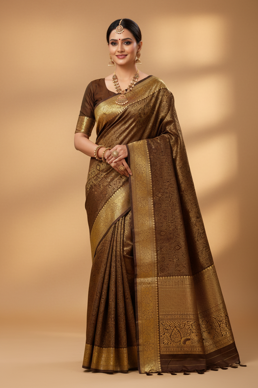 Model wearing Dark Chocolate Brown Banarasi Saree