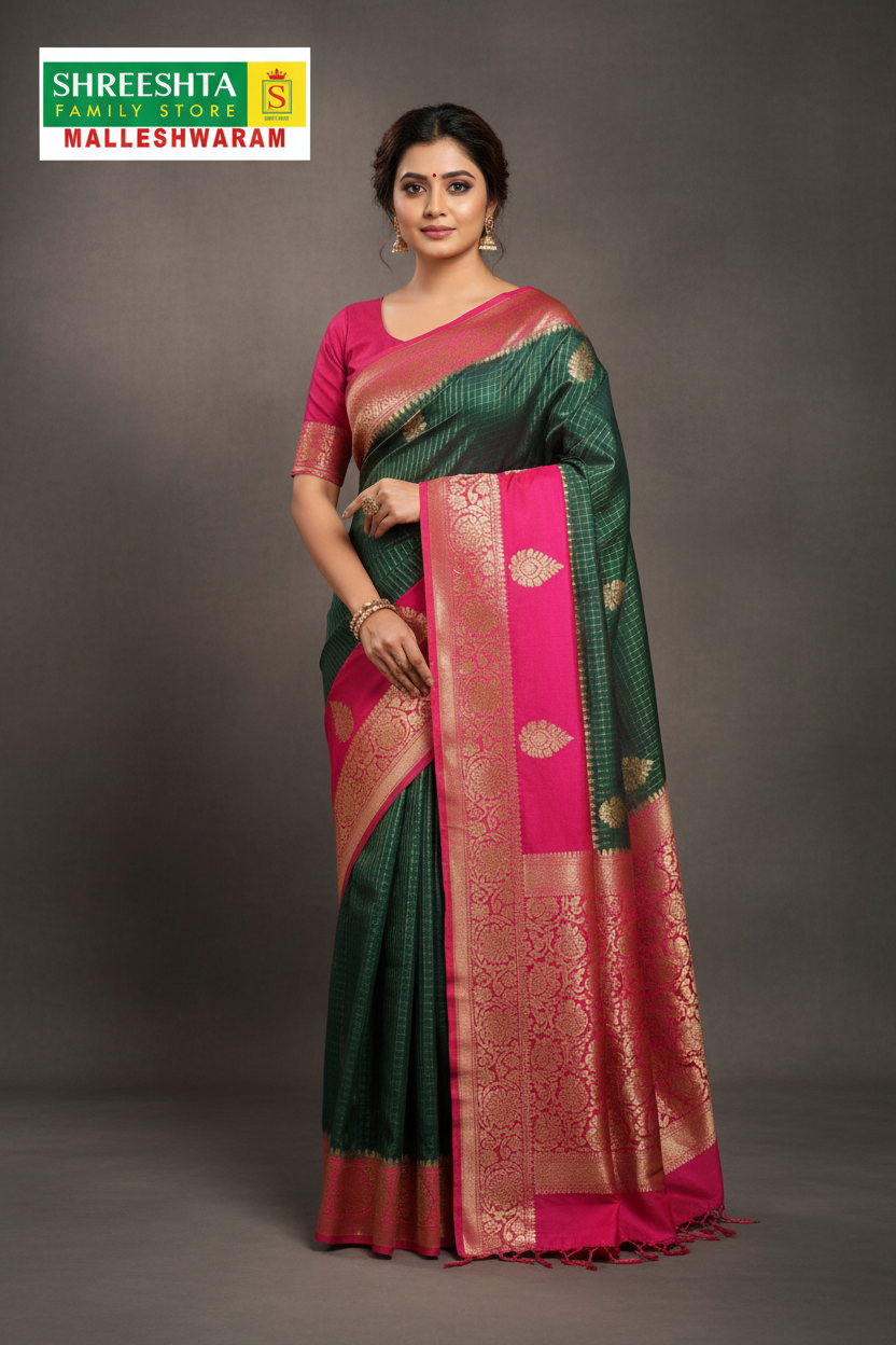 Model wearing Dark Green & Pink Kota Saree