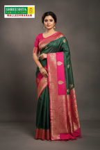 Model wearing Dark Green & Pink Kota Saree