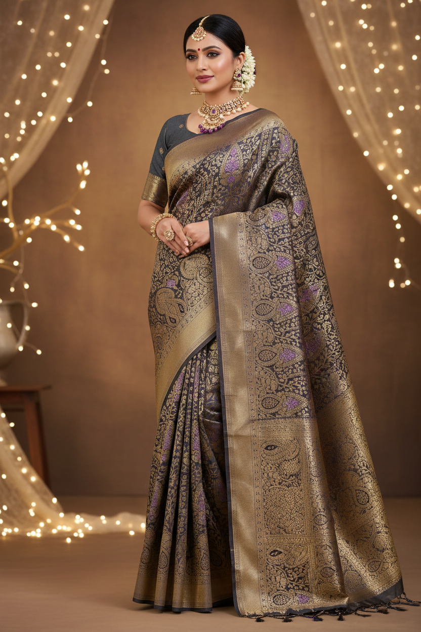 Model wearing dark grey Banarasi saree with gold and purple meenakari