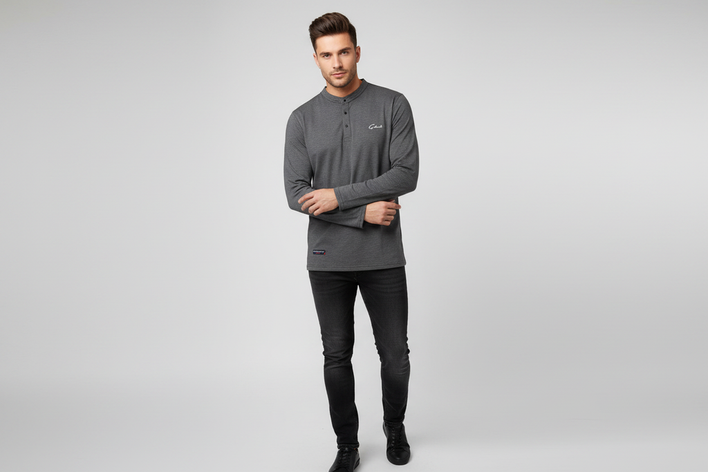 Model wearing dark grey Galani long sleeve Henley