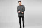 Model wearing dark grey Galani long sleeve Henley