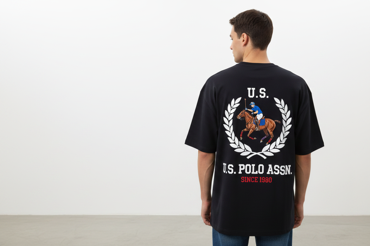 Model wearing dark navy U.S. Polo Assn. t-shirt - back