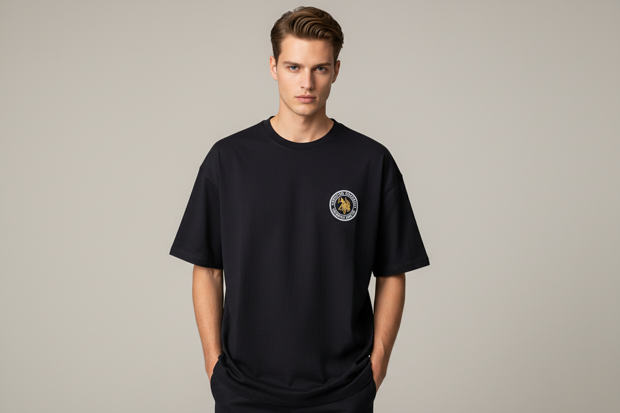Model wearing dark navy U.S. Polo Assn. t-shirt - front