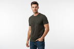 Model wearing dark olive graphic t-shirt